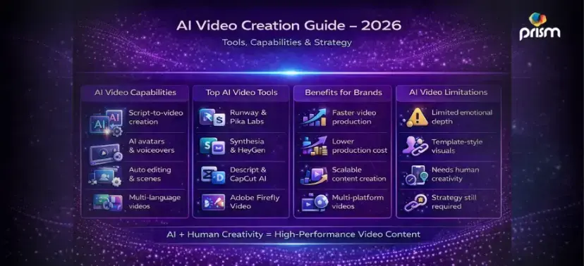 AI video creation infographic showing AI tools, avatars, automation, benefits, and limitations for video marketing in 2026.