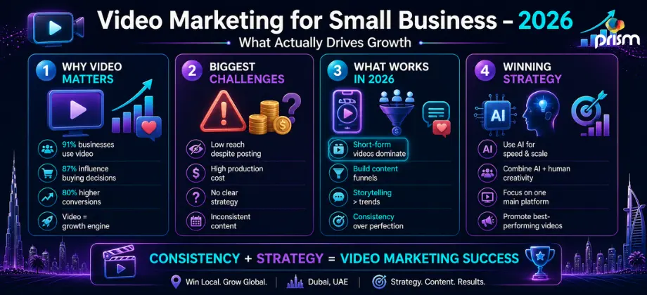 Video marketing for small businesses in 2026 infographic showing strategies challenges and growth tactics for higher engagement and conversions
