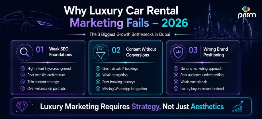 Luxury car rental marketing infographic showing SEO weaknesses, conversion challenges, and branding mistakes that limit bookings for Dubai supercar rental businesses in 2026.