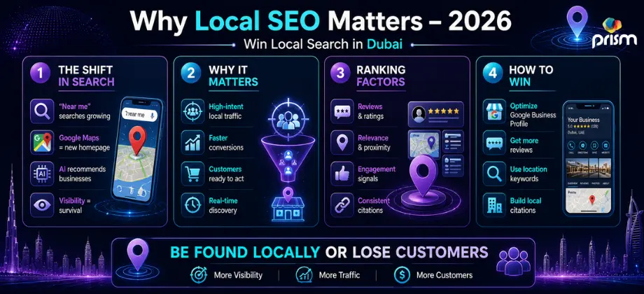 Why local SEO matters in Dubai 2026 infographic explaining rankings Google Business Profile reviews and local search visibility