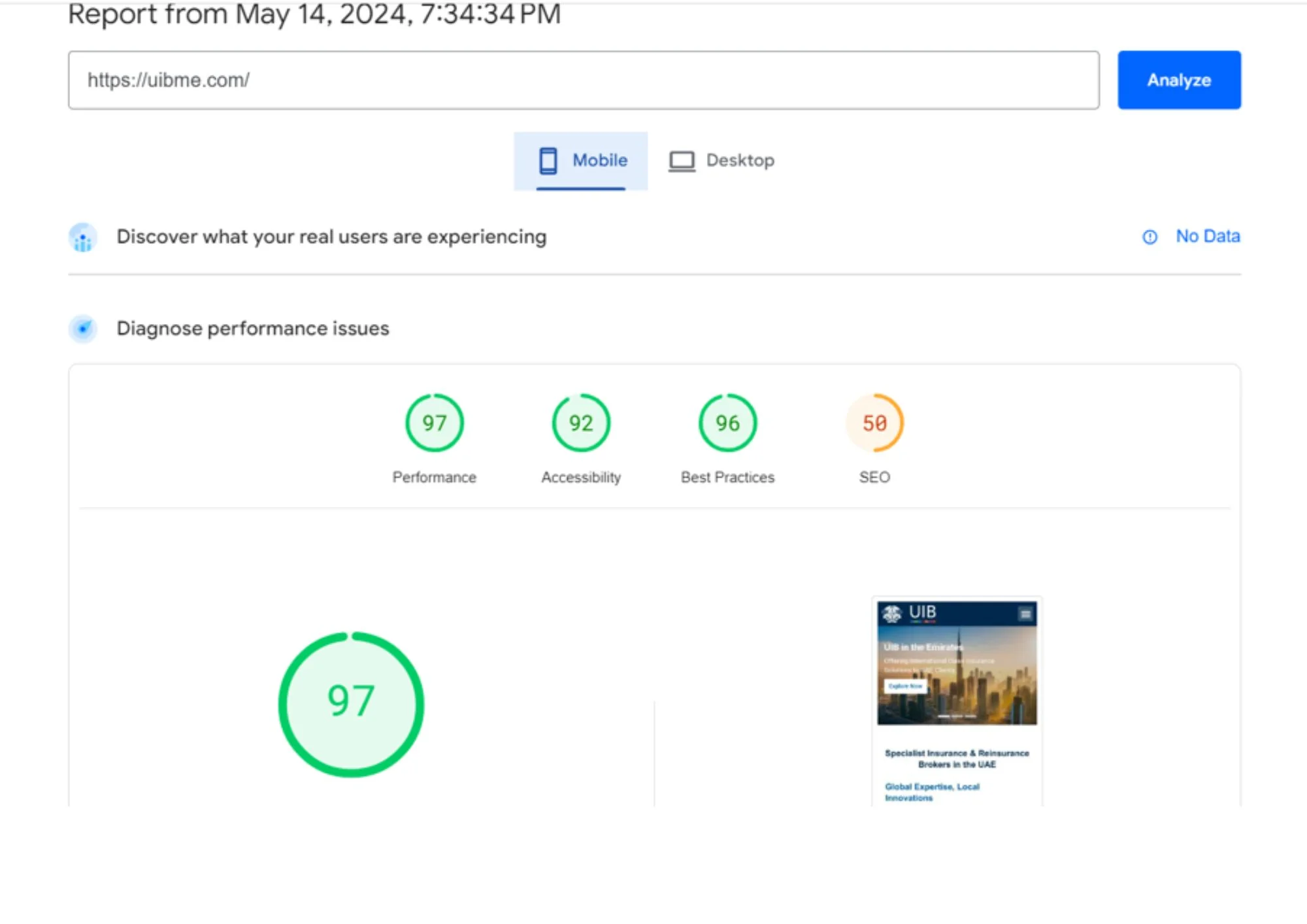 UIB website performance score and mobile responsiveness results after Prism Digital web development