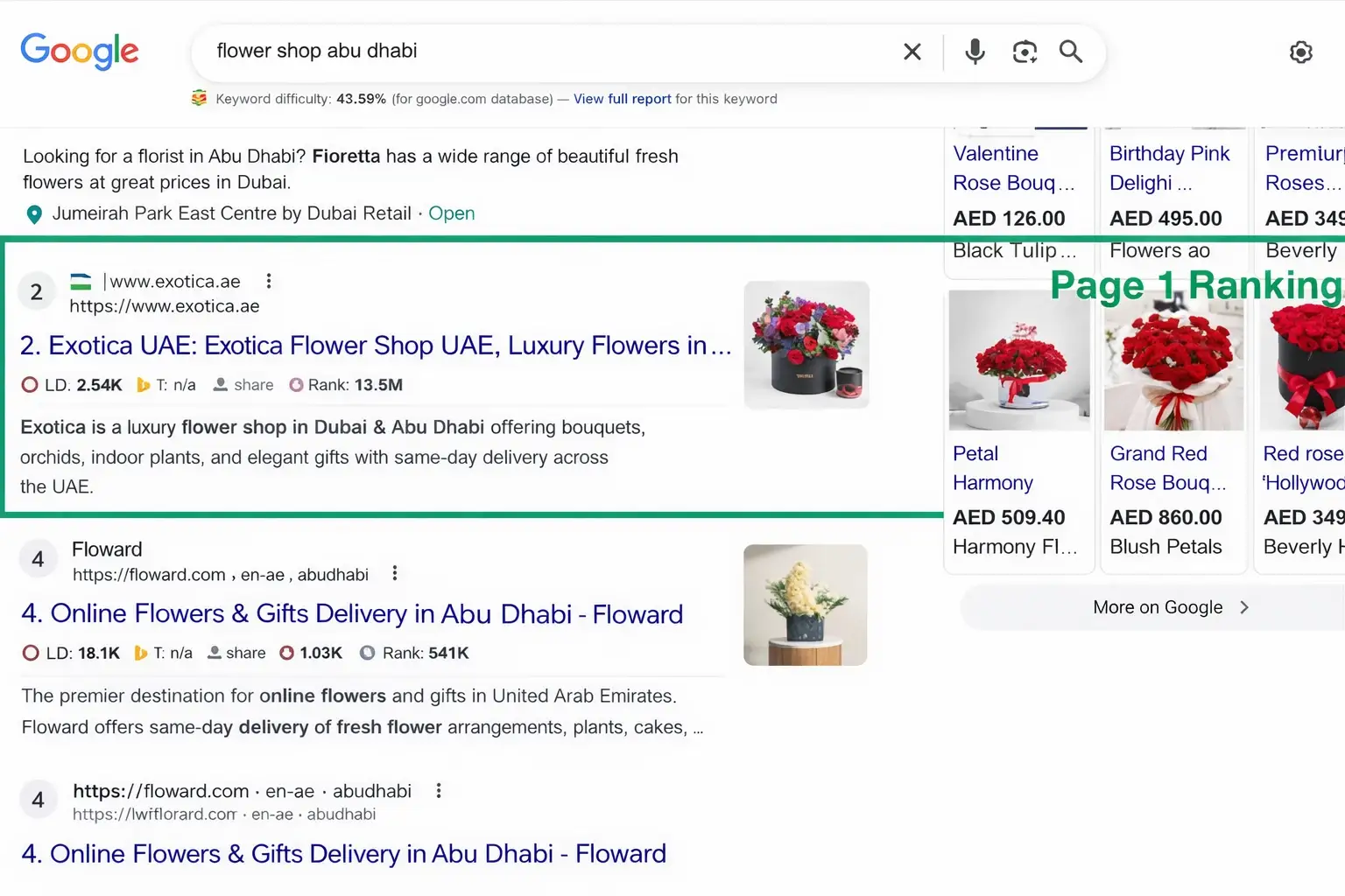 Google results for “flower shop abu dhabi” with Exotica UAE highlighted in a page 1 ranking position