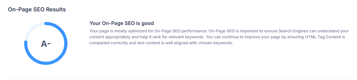 On-page SEO audit results with A- performance score