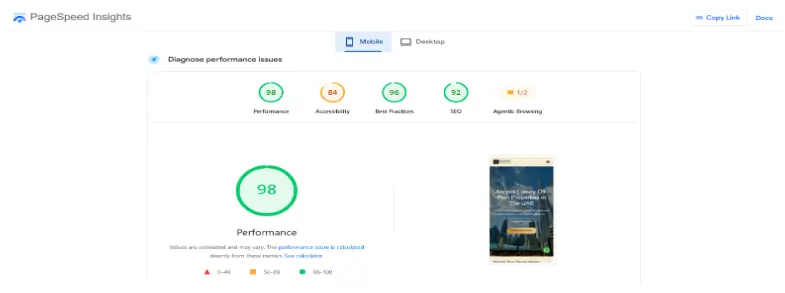 Google Core Web Vitals results for Kemet Prime Property Advisory showing all metrics in the green range