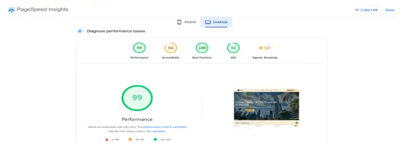 PageSpeed Insights desktop performance score of 100 out of 100 for Kemet Prime Property Advisory website