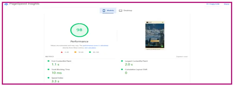 PageSpeed Insights mobile performance score of 98 out of 100 for Kemet Prime Property Advisory website