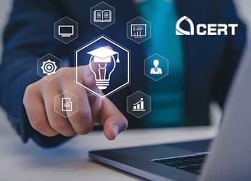 بانر خدمات التدريب المهني والشهادات المعتمدة من CERT، بأيقونات تمثّل التعلّم الرقمي وتطوير المهارات.