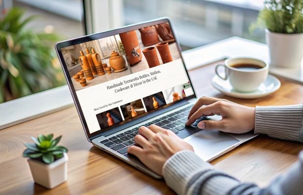 Prism Digital browsing Ark Naturals terracotta drinkware and handmade clay products on laptop with coffee on desk