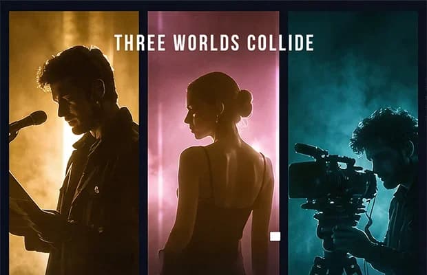 Creative campaign visual featuring three stylized panels of an actor, model, and filmmaker under the headline “Three Worlds Collide,” showcasing Prism Digital’s branding and visual storytelling work.